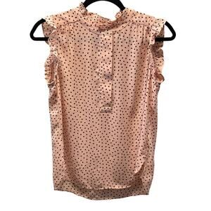LOFT Sleeveless Blouse Pink with Black Hearts S Petite Ruffles Novelty